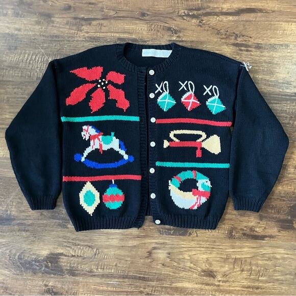 Vintage Christmas Cardigan Sweater Cotton Large - Picture 1 of 6